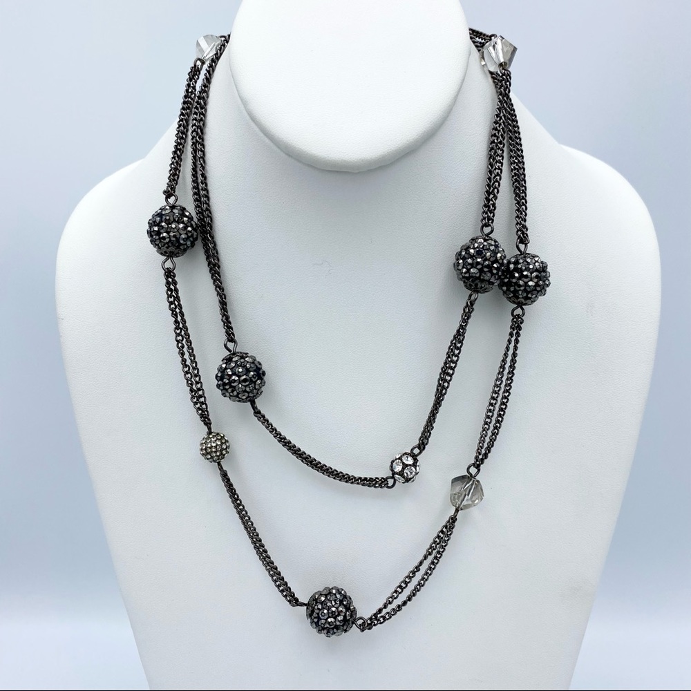 Double Chain Sparkly Beaded Gunmetal Silver Tone Long Strand Necklace